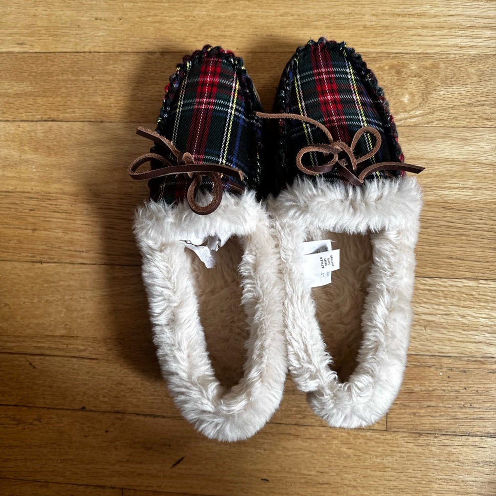 J. Crew Plaid and Cream Slippers